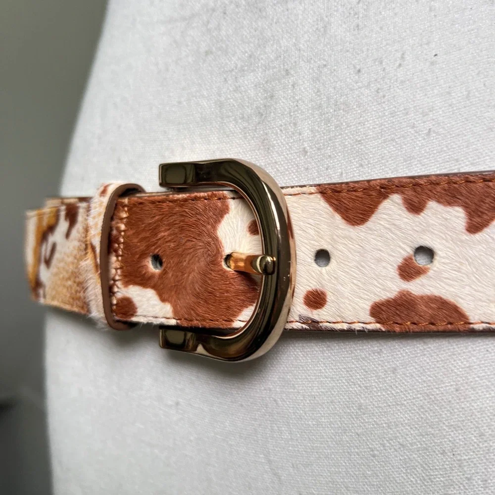 Vintage Cow Print Calf‎ Hair Belt Brown Gold White Patchwork Western Boho Rodeo